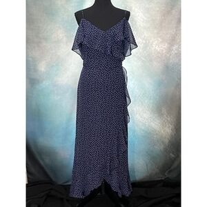 Laura Navy Blue Polka‎ Dot Ruffle Cold Shoulder High Low Maxi Dress Size 14